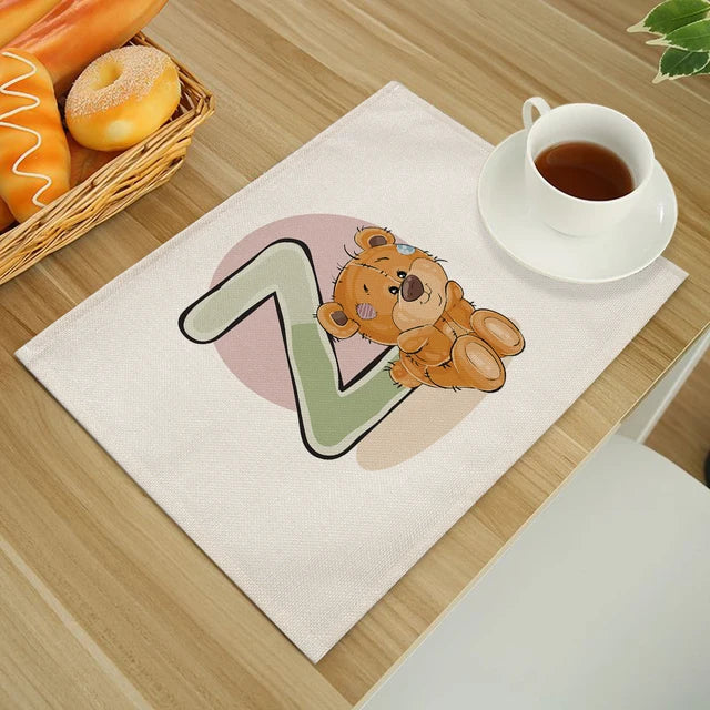 Cute Cartoon Animal Bear Kitchen Placemat for Children Kids English Alphabet A-Z Print Cotton Linen Dining Table Mats Coaster