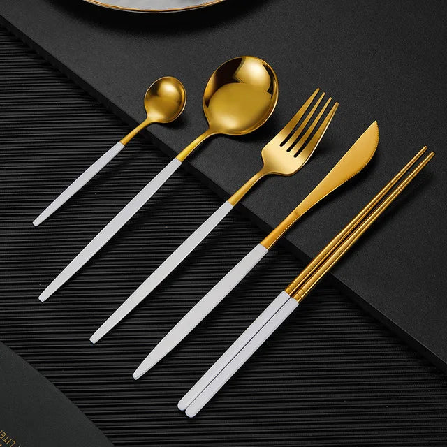 5pcTableware Stainless Steel Cutlery Golden Silvery Glossy Coffee Spoon Dinnerware Dining Fork Knife Dinnerware Kitchen Flatware