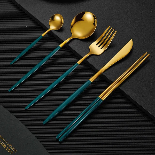 5pcTableware Stainless Steel Cutlery Golden Silvery Glossy Coffee Spoon Dinnerware Dining Fork Knife Dinnerware Kitchen Flatware