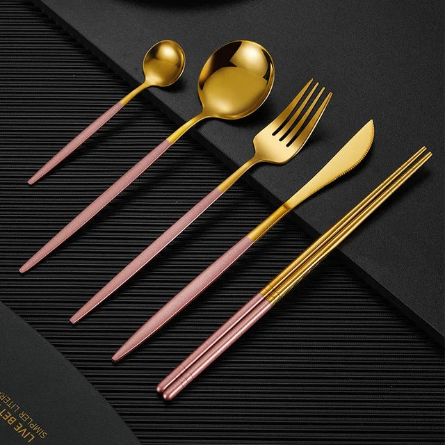 5pcTableware Stainless Steel Cutlery Golden Silvery Glossy Coffee Spoon Dinnerware Dining Fork Knife Dinnerware Kitchen Flatware