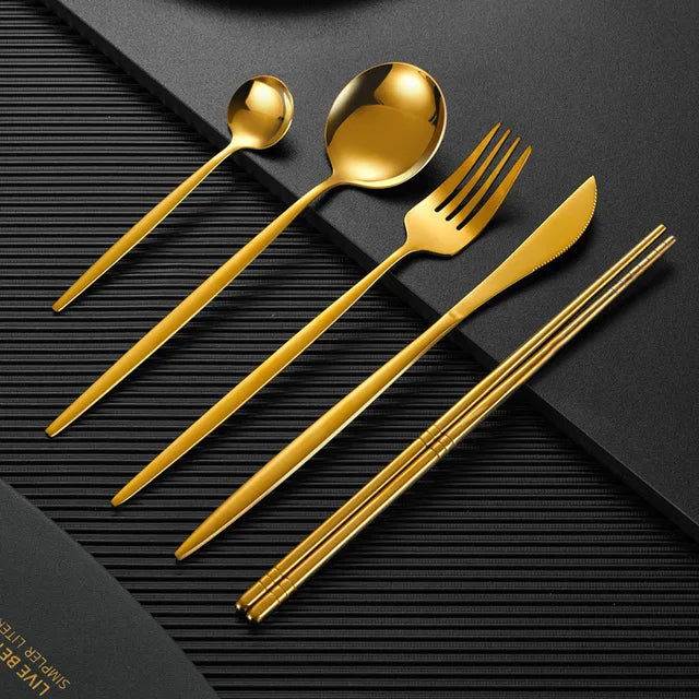 5pcTableware Stainless Steel Cutlery Golden Silvery Glossy Coffee Spoon Dinnerware Dining Fork Knife Dinnerware Kitchen Flatware