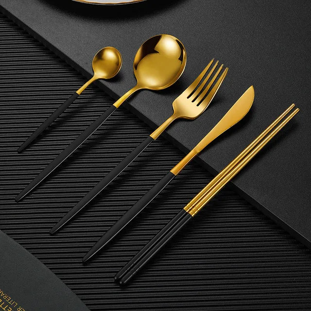 5pcTableware Stainless Steel Cutlery Golden Silvery Glossy Coffee Spoon Dinnerware Dining Fork Knife Dinnerware Kitchen Flatware