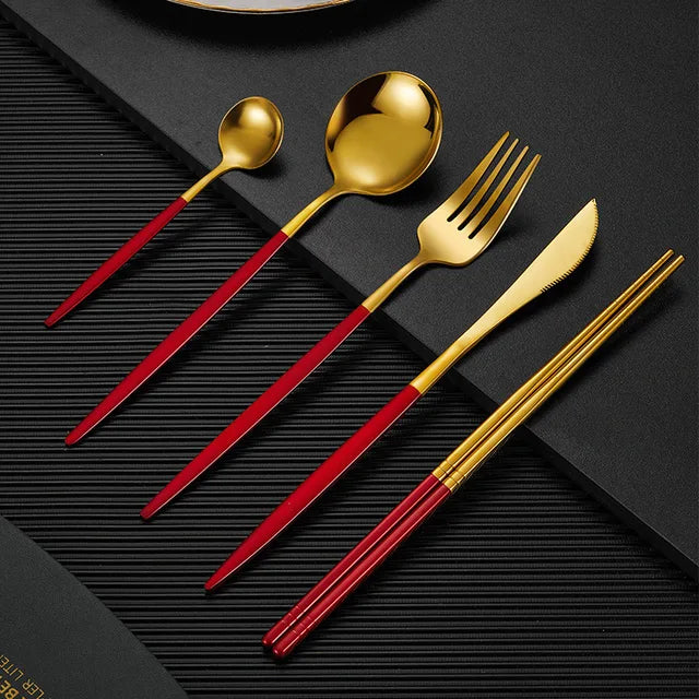 5pcTableware Stainless Steel Cutlery Golden Silvery Glossy Coffee Spoon Dinnerware Dining Fork Knife Dinnerware Kitchen Flatware