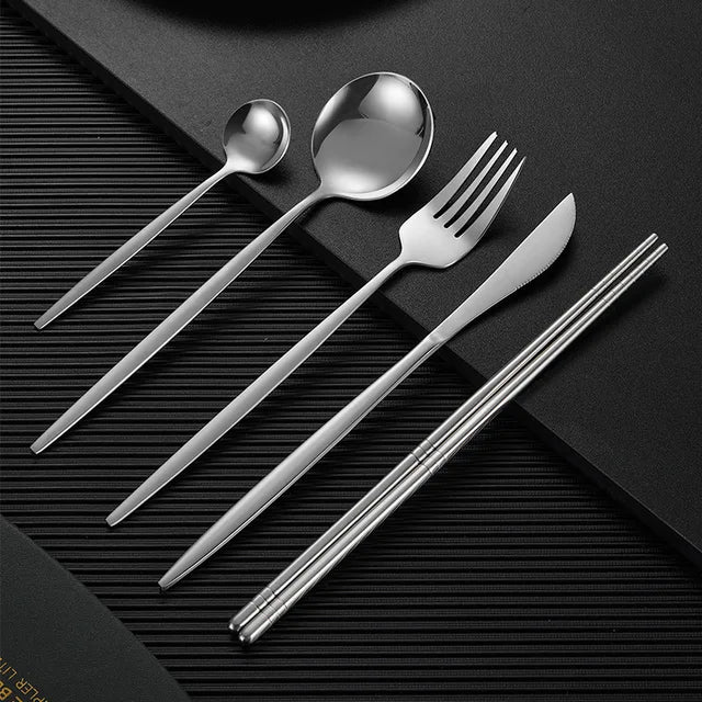 5pcTableware Stainless Steel Cutlery Golden Silvery Glossy Coffee Spoon Dinnerware Dining Fork Knife Dinnerware Kitchen Flatware