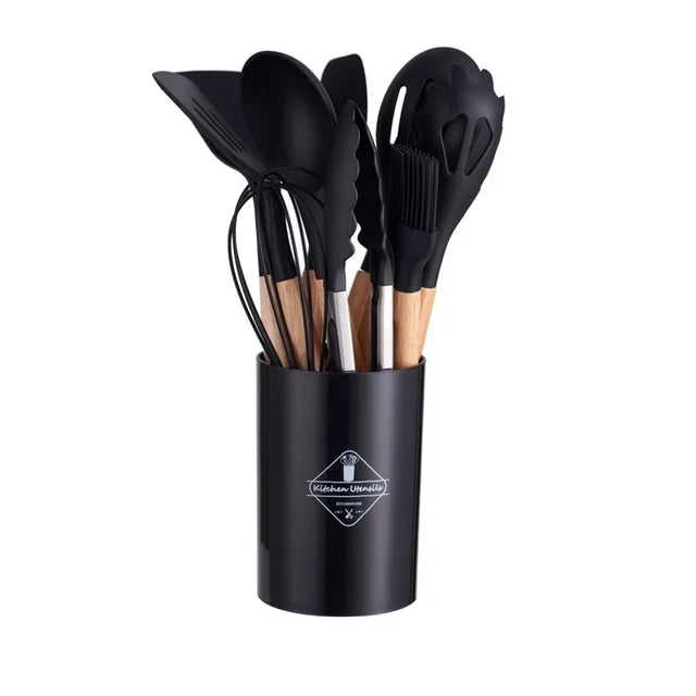 Silicone Kitchen Ware Set with Wooden Handle High Quality Non-stick Spatula Cooking Utensils