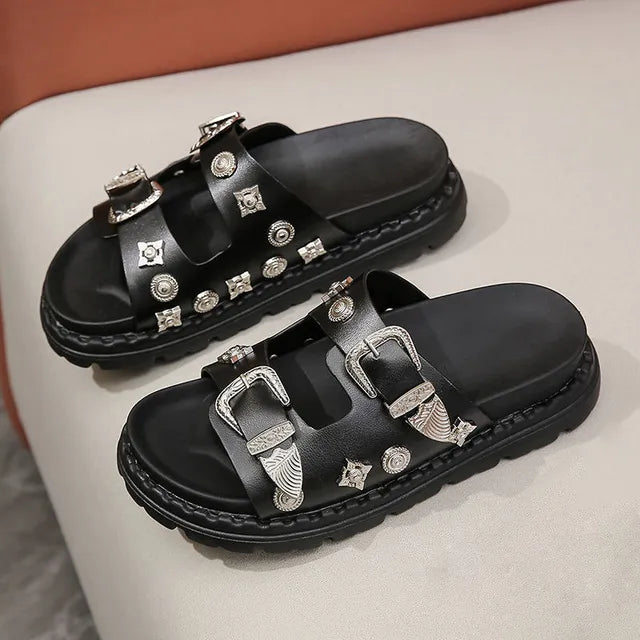 Summer Women Slippers Platform Rivets Punk Rock Leather Mules Creative Metal Fittings Casual Party Shoes Female Outdoor Slides