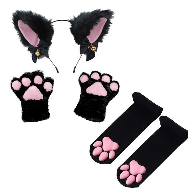 4pcs Lovely Cat Ear Hairband Claw Gloves Girls Anime Cosplay Costume Plush Cat Fur Ear Stocking Night Party Club Headbands