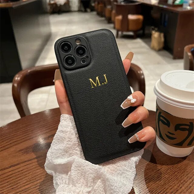 Personalised Customized Name Case For iPhone 15 14 13 12 11 Pro Max Initials Letters Leather DIY Engraved Cover 13 14 15 Pro Max