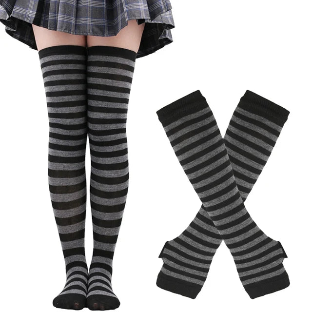 1 Set Women Gothic Punk Over Knee Long Stripe Socks Arm Sleeve Gloves for Girl Thigh High Cotton Socks Sweet Cute Christmas Gift