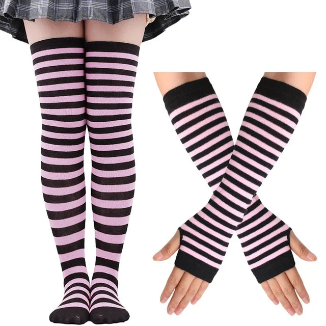 1 Set Women Gothic Punk Over Knee Long Stripe Socks Arm Sleeve Gloves for Girl Thigh High Cotton Socks Sweet Cute Christmas Gift