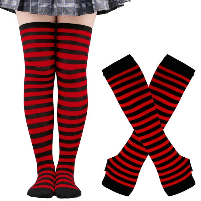 1 Set Women Gothic Punk Over Knee Long Stripe Socks Arm Sleeve Gloves for Girl Thigh High Cotton Socks Sweet Cute Christmas Gift