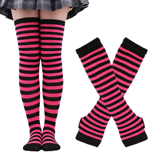 1 Set Women Gothic Punk Over Knee Long Stripe Socks Arm Sleeve Gloves for Girl Thigh High Cotton Socks Sweet Cute Christmas Gift