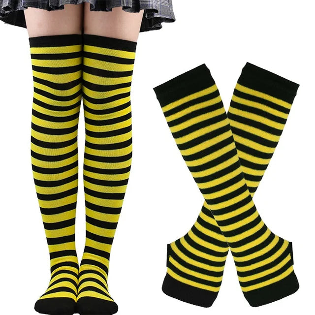 1 Set Women Gothic Punk Over Knee Long Stripe Socks Arm Sleeve Gloves for Girl Thigh High Cotton Socks Sweet Cute Christmas Gift