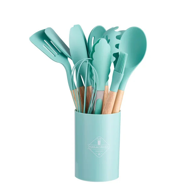 Silicone Kitchen Ware Set with Wooden Handle High Quality Non-stick Spatula Cooking Utensils