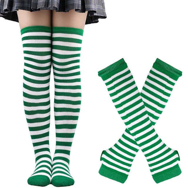 1 Set Women Gothic Punk Over Knee Long Stripe Socks Arm Sleeve Gloves for Girl Thigh High Cotton Socks Sweet Cute Christmas Gift