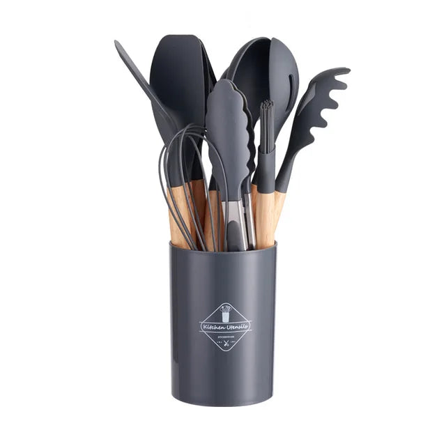 Silicone Kitchen Ware Set with Wooden Handle High Quality Non-stick Spatula Cooking Utensils