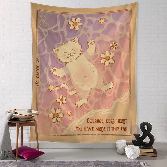 Kawaii Comics Cute Wall Hanging Tapestry Art Cartoon Cat Aesthetics Room Bedroom Living Room Home Decor