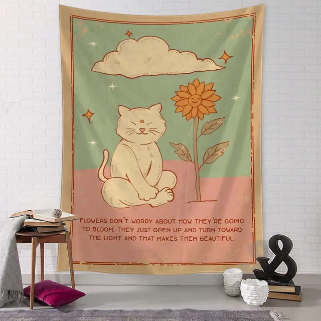 Kawaii Comics Cute Wall Hanging Tapestry Art Cartoon Cat Aesthetics Room Bedroom Living Room Home Decor