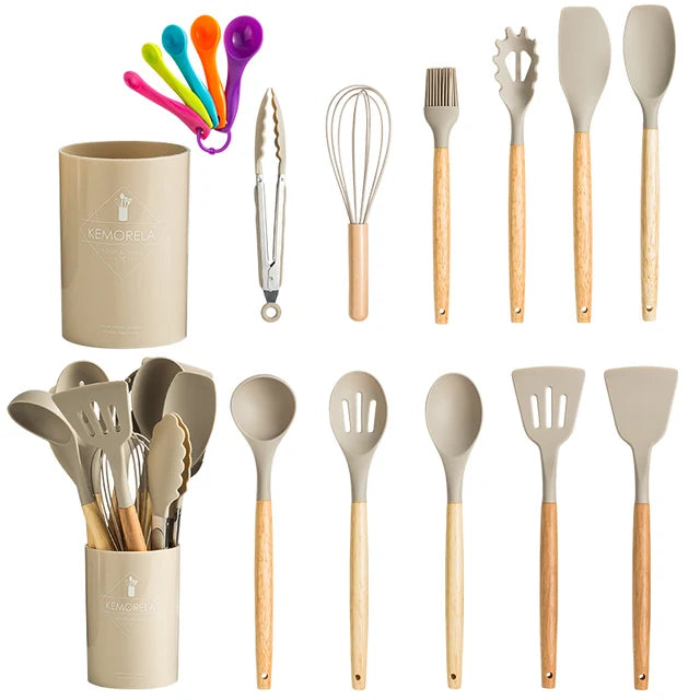 Silicone Kitchenware Cooking Utensils Set Non-stick Cookware Spatula Shovel Egg Beaters Wooden Handle Kitchen Cooking Tool Set