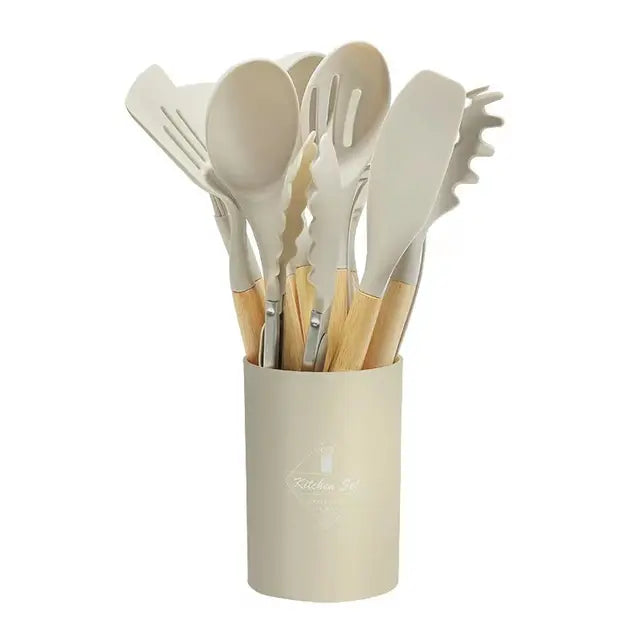 Silicone Kitchen Ware Set with Wooden Handle High Quality Non-stick Spatula Cooking Utensils