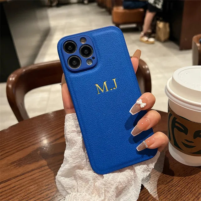 Personalised Customized Name Case For iPhone 15 14 13 12 11 Pro Max Initials Letters Leather DIY Engraved Cover 13 14 15 Pro Max