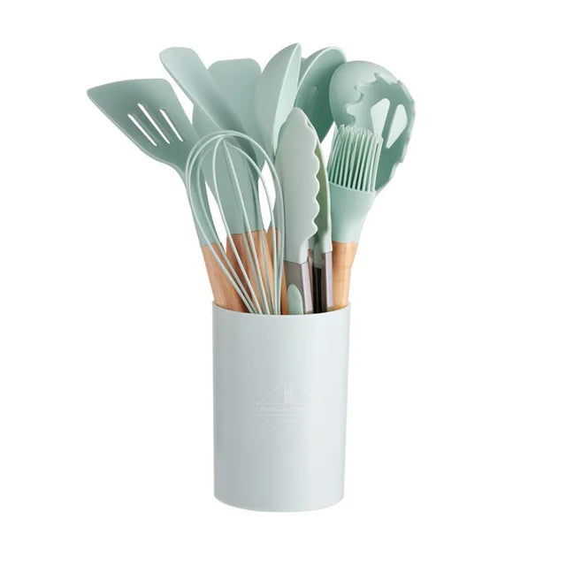 Silicone Kitchen Ware Set with Wooden Handle High Quality Non-stick Spatula Cooking Utensils