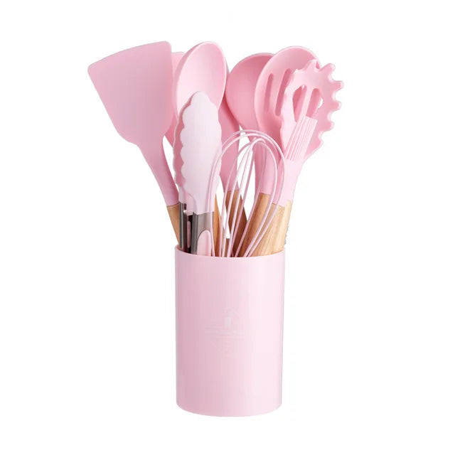 Silicone Kitchen Ware Set with Wooden Handle High Quality Non-stick Spatula Cooking Utensils