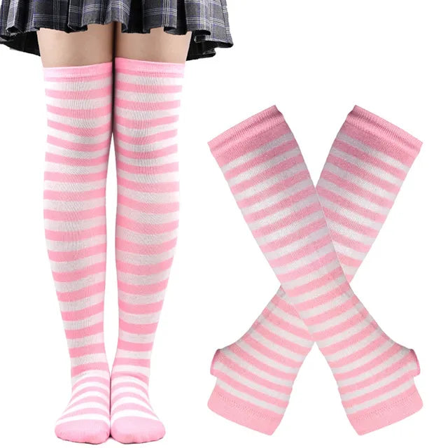 1 Set Women Gothic Punk Over Knee Long Stripe Socks Arm Sleeve Gloves for Girl Thigh High Cotton Socks Sweet Cute Christmas Gift