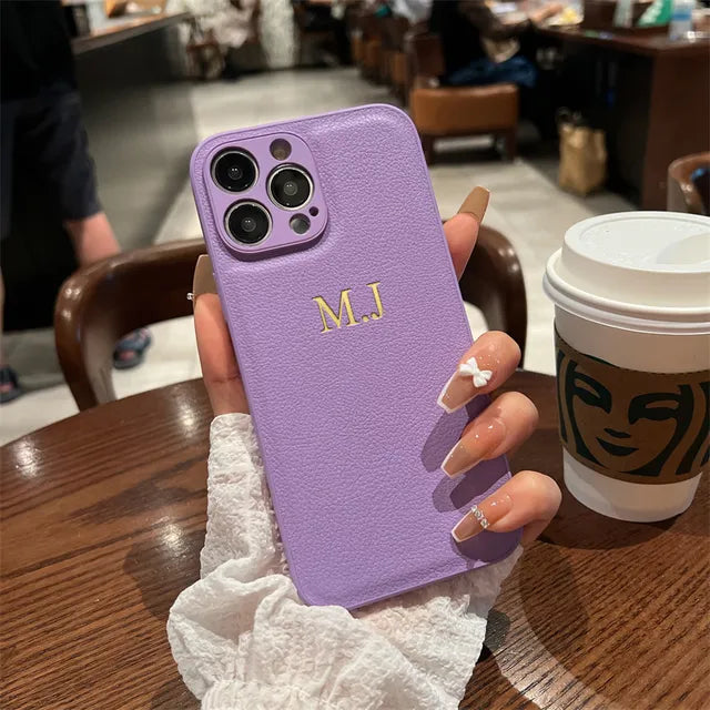 Personalised Customized Name Case For iPhone 15 14 13 12 11 Pro Max Initials Letters Leather DIY Engraved Cover 13 14 15 Pro Max