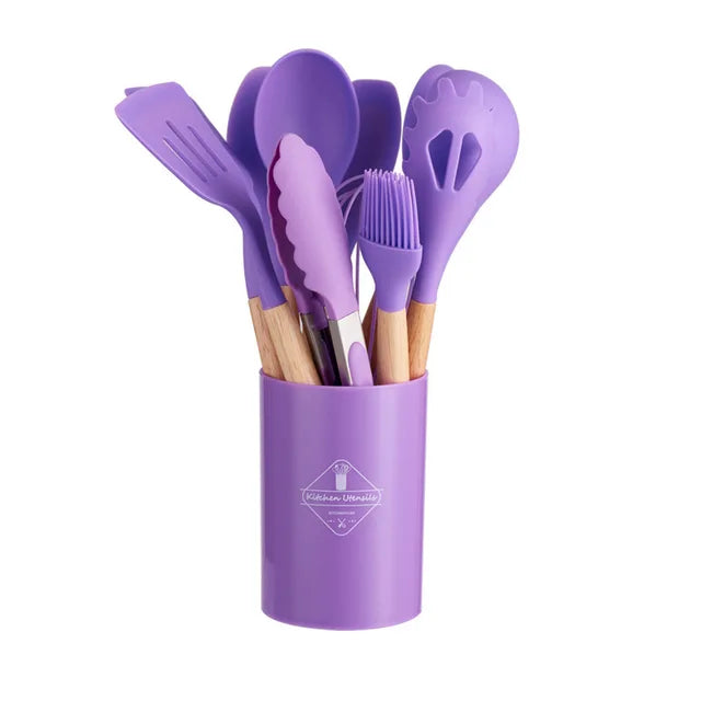 Silicone Kitchen Ware Set with Wooden Handle High Quality Non-stick Spatula Cooking Utensils