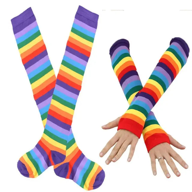 Womens Rainbow Socks Striped Over Knee Thigh High Stockings Arm Warmer Gloves Drop Shipping