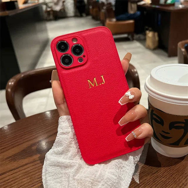 Personalised Customized Name Case For iPhone 15 14 13 12 11 Pro Max Initials Letters Leather DIY Engraved Cover 13 14 15 Pro Max