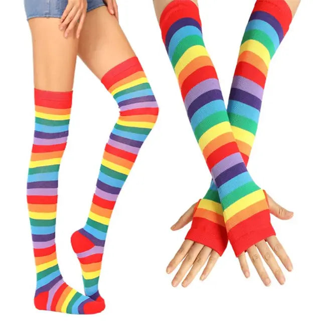 Womens Rainbow Socks Striped Over Knee Thigh High Stockings Arm Warmer Gloves Drop Shipping