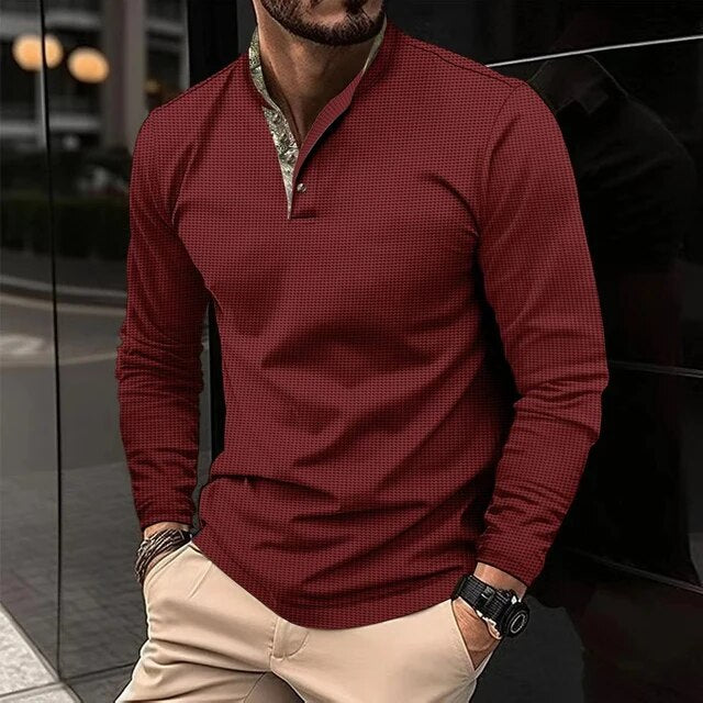 Fashion men's long-sleeved Polo shirt stand collar color T-shirt business anti-wrinkle street casual men's breathable top