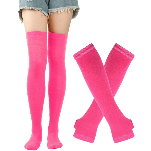 1 Set Women Gothic Punk Over Knee Long Stripe Socks Arm Sleeve Gloves for Girl Thigh High Cotton Socks Sweet Cute Christmas Gift