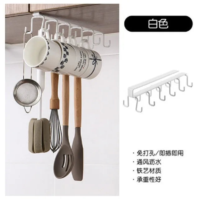 6 Hooks Cup Holder Hang Kitchen Cabinet Under Shelf Storage Rack Organizer Iron Multifunction Kitchenware Storage hook mx307155