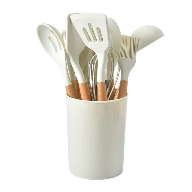 Silicone Kitchen Ware Set with Wooden Handle High Quality Non-stick Spatula Cooking Utensils