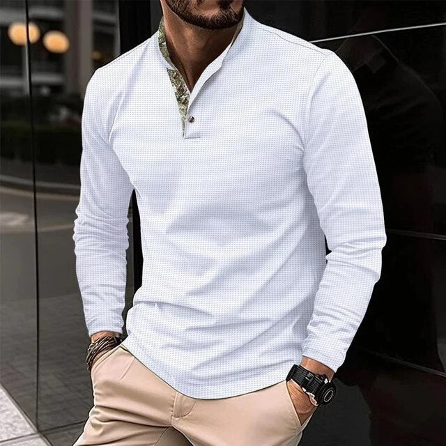 Fashion men's long-sleeved Polo shirt stand collar color T-shirt business anti-wrinkle street casual men's breathable top