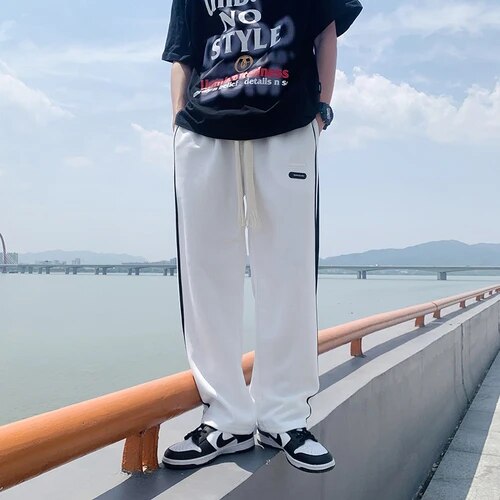 Sweatpants Men Summer Design Side Striped Baggy Trousers Student Cool Streetwear Hip Hop Teens Dynamic Mens Korean Stylish Daily