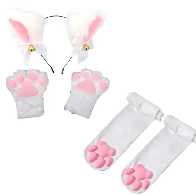 4pcs Lovely Cat Ear Hairband Claw Gloves Girls Anime Cosplay Costume Plush Cat Fur Ear Stocking Night Party Club Headbands