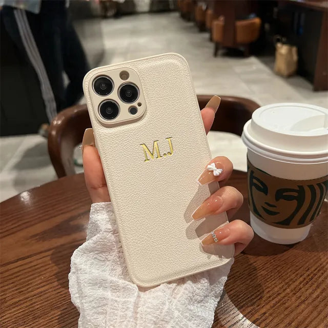 Personalised Customized Name Case For iPhone 15 14 13 12 11 Pro Max Initials Letters Leather DIY Engraved Cover 13 14 15 Pro Max